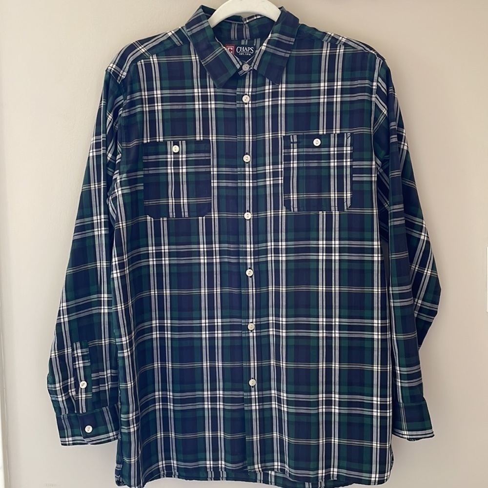 Chaps Youth Boy Green Black White Plaid Button Down Dress Shirt NWOT Sz XL 18 20